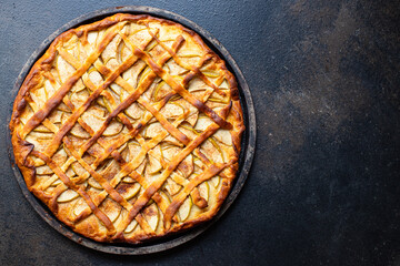 Apple pie sweet dessert tart bakery pastries biscuit fruit healthy eating top view copy space for...