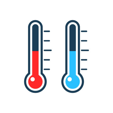Thermometer icon isolated on white. Medical device vector illustration. Red and blue thermometer set.