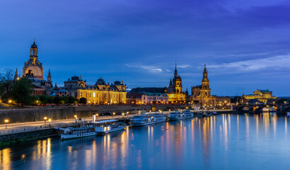 view of the Saxon capital city Dresden and the Elbe River after sunset