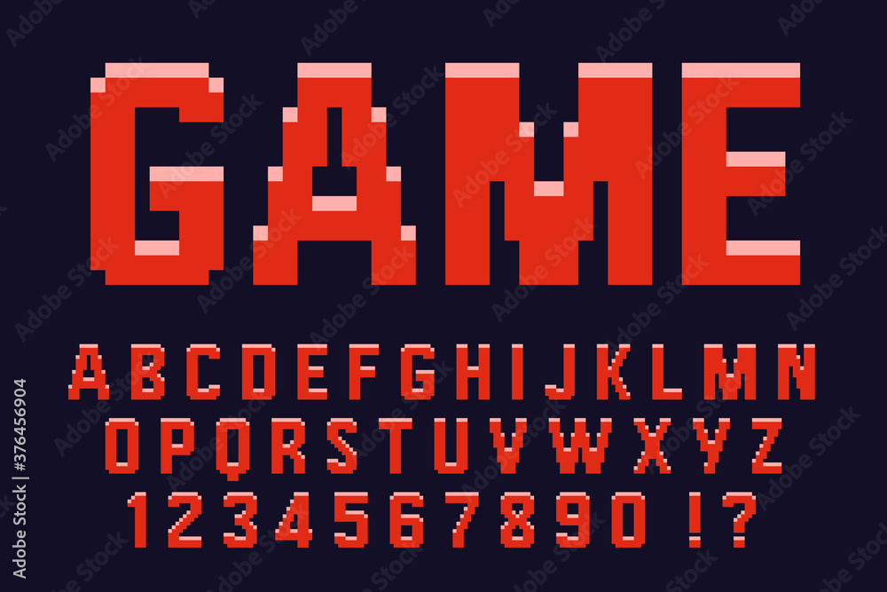 Fototapete pixel 3d retro red font video computer game design 8 bit letters and numbers vector alphabet