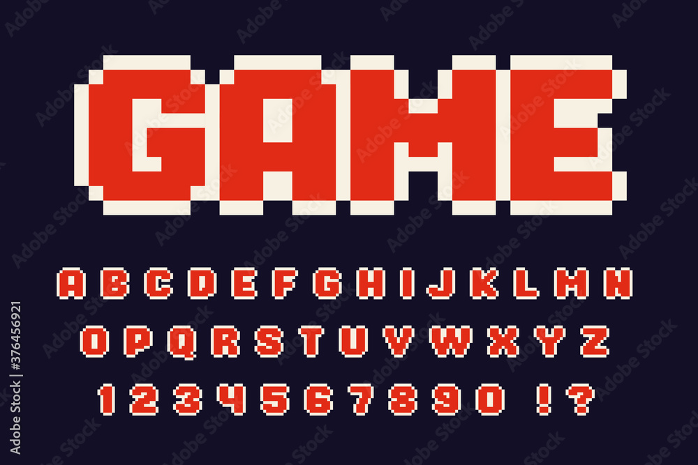 Poster Pixel red retro font with stroke Video computer game design 8 bit letters and numbers Vector alphabet
