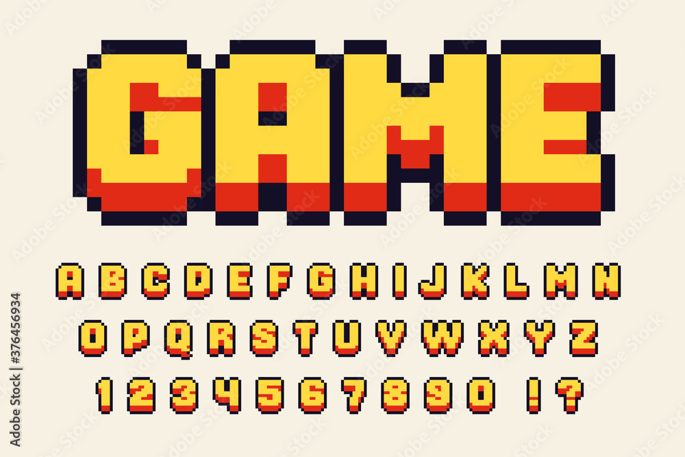Fototapete pixel 3d retro font video computer game design 8 bit letters and numbers vector alphabet