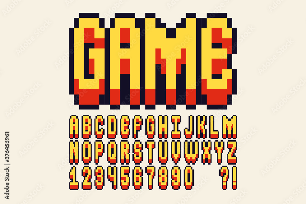 Poster Pixel font Video computer game design 8 bit retro letters and numbers Vector alphabet