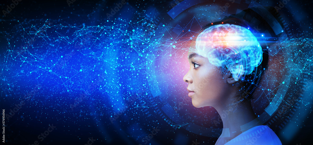 Aufkleber artificial intelligence concept. profile portrait of black woman with illuminated digital brain