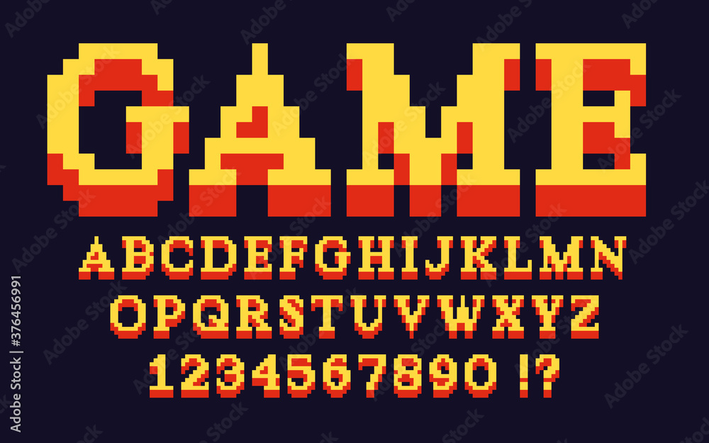 Poster Pixel classic serif font 3D video computer game design 8 bit retro letters and numbers with shadow Vector alphabet