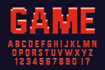 Pixel 3d retro red font Video computer game design 8 bit letters and numbers Vector alphabet
