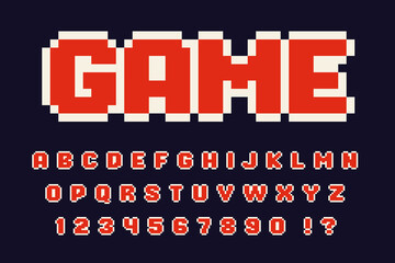 Pixel red retro font with stroke Video computer game design 8 bit letters and numbers Vector alphabet