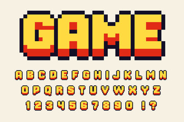 Pixel 3d retro font Video computer game design 8 bit letters and numbers Vector alphabet - obrazy, fototapety, plakaty