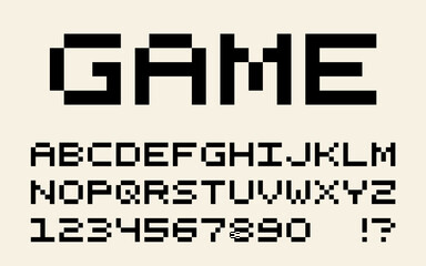 Pixel retro font Video computer game design 8 bit letters and numbers Vector alphabet