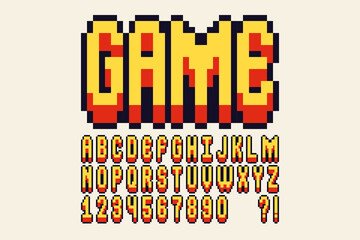 Pixel font Video computer game design 8 bit retro letters and numbers Vector alphabet