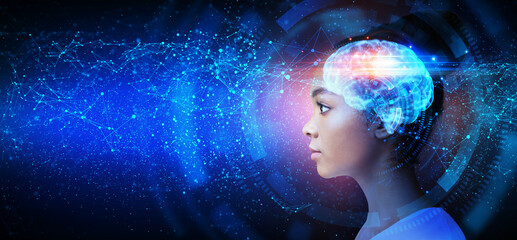 Artificial Intelligence Concept. Profile Portrait Of Black Woman With Illuminated Digital Brain