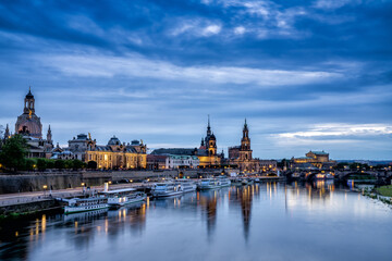view of the Saxon capital city Dresden and the Elbe River after sunset