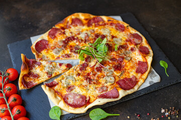 pizza freshsalami  cheese sausage assorted meat serving size natural top view place copy space for text