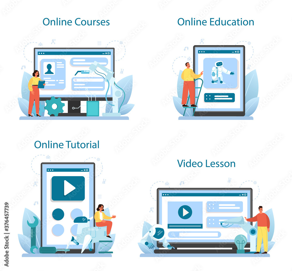 Poster roboticist online service or platform set. robotic engineering and constructing