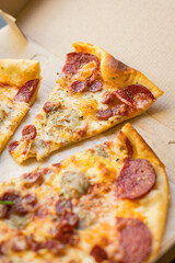 pizza freshsalami  cheese sausage assorted meat serving size natural top view place copy space for text