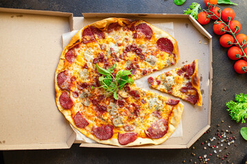 pizza freshsalami  cheese sausage assorted meat serving size natural top view place copy space for text
