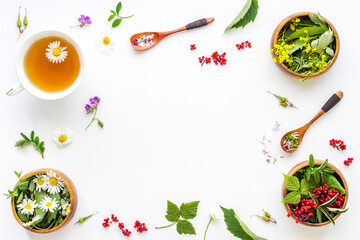 Herbal tea - green herbs and wild flowers, top view