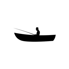 Icon of black sign boat and fisherman. Vector illustration eps 10