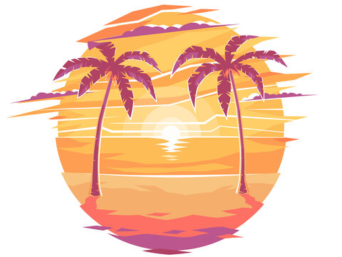 Icon night on the beach with palm trees. Evening sunset on the resort beach. Morning sunrise under palm trees. Yellow sunset on the beach. Waves, sky and yellow sun. Vector illustration, EPS 10