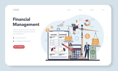 Financier web banner or landing page concept. Business character