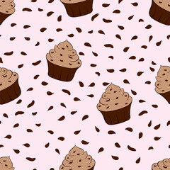 Tasty chocolate cupcakes isolated on pink background. Sweet dessert seamless pattern. Vector illustration