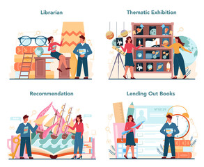 Librarian concept set. Library staff lending out and recommendating