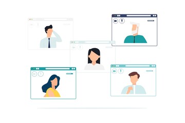 Remote work with a business meeting via video conferencing. Combining teams through online Vector