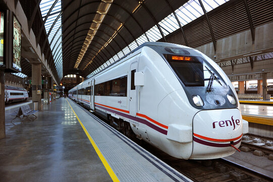 Passenger train at Seville Santa Justa station, Andalusia, Spain.