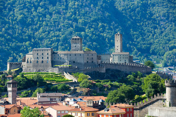 Fototapeta na wymiar Impressive view of Castles of Bellinzona fortifications at sunny day, Switzerland