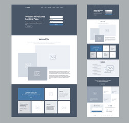 Website landing page design for business. One page site wireframe layout template. Modern flat UX/UI site development. Responsive web page design concept.