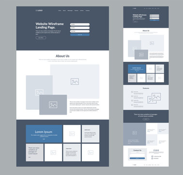 Website landing page design for business. One page site wireframe layout template. Modern flat UX/UI site development. Responsive web page design concept.
