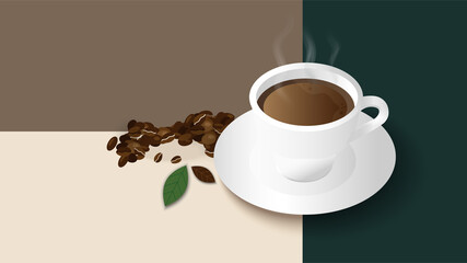 White cup of fresh coffee with steam smoke,coffee beans and leaves on green background with copy space.Decorative design for banner,poster advertisement, flyers and card collection.Vector illustration