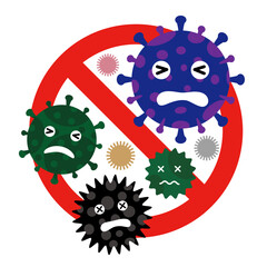 ウイルス退治の漫画風アイコン　コロナウイルスと禁止マーク