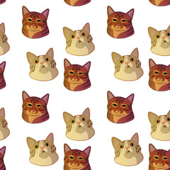 Funny cat heads on a white background, seamless pattern. Hand drawn illustration. 