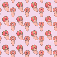 Pattern with orange grapefruits and hands on a pink background. Hand drawn illustration. Sexy concept. 