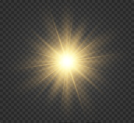 A yellow star explodes on a transparent background. Glittering particles of fairy dust. Bright Star. Transparent bright sun, bright flash. Glitter vector. Center a bright flash
