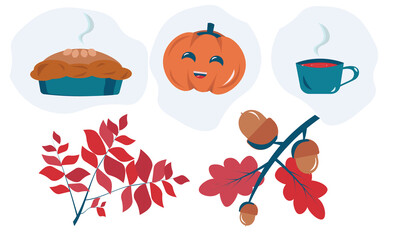 autumn set: 
pie, tea, oak rope, pumpkin