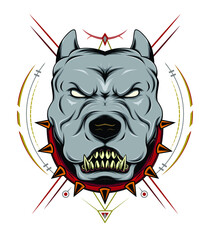 Vector illustration of a head of a spiteful pit bull, on geometry background.