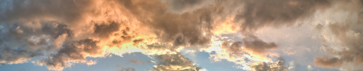 Sunset sky, panoramic aerial view from drone