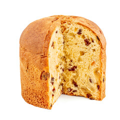 Panettone or Fruit Christmas cake isolated on white background. Christmas stollen with raisins  close up