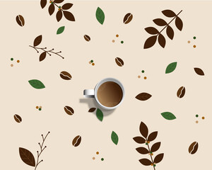 White cup of fresh coffee with steam smoke isolated on coffee tree branches with flower, leaves and beans background with copy space.Decorative design for banner,poster advertisement, flyers and card.