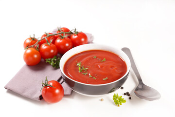 tomato soup bowl on white background