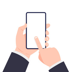 Mobile phone in hand. Hand holding smartphone and touching screen. Vector illustration.