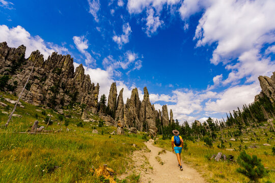 Man hiking the trails and enjoying the sights in the Black Hills of Keystone, South Dakota