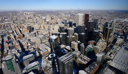 Panoramic view of downtown highrises and Toronto Northeast in winter