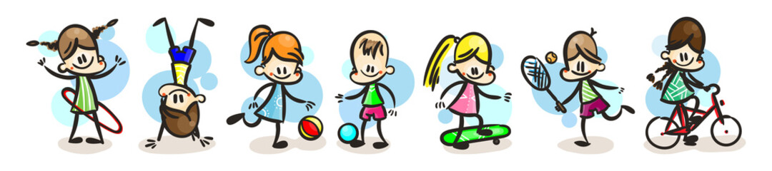 Collection of happy cartoon kids, colored hand drawn doodle outline style