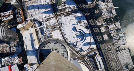 Birds eye view of Toronto Convention Center and Harbourfront in winter