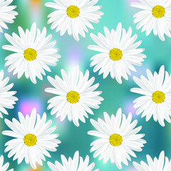 Obraz premium The chamomile flower. Seamless floral texture white of Daisy flower on a blue abstract background, geometric pattern, vector