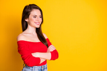 Photo of charming cute confident young girl shiny smiling business trainer soft skills charismatic leader wear shirt uncovered shoulders denim isolated bright yellow color background