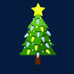 Christmas tree with a colorful garland and a large star on top. Merry Christmas and Happy New Year 2021! Christmas cute flat illustration. Holiday greeting card. Isolated vector illustration.